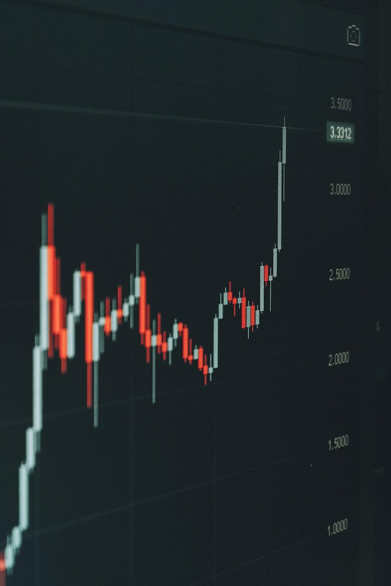 Stock market graph shows fluctuating trends.