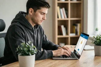 Jeune homme sécurisant son achat en ligne avec ses données bancaires sur un ordinateur portable dans un bureau à domicile