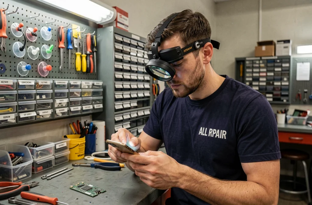 Technicien ALL RPAIR inspectant une carte mère de smartphone avec une loupe frontale