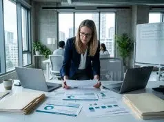 Comment les entreprises peuvent mesurer leur empreinte carbone Femme analyste examinant des rapports d'audit d'empreinte carbone dans un bureau d'entreprise moderne