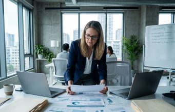 Comment les entreprises peuvent mesurer leur empreinte carbone Femme analyste examinant des rapports d'audit d'empreinte carbone dans un bureau d'entreprise moderne