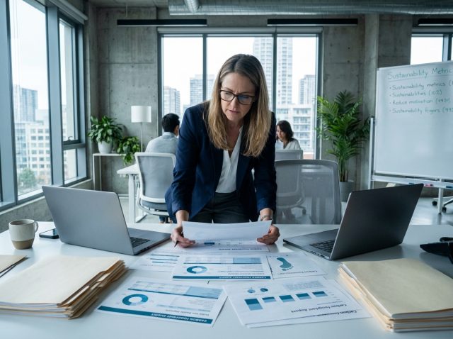analyse-empreinte-carbone-bureau-entreprise-fr Femme analyste examinant des rapports d'audit d'empreinte carbone dans un bureau d'entreprise moderne