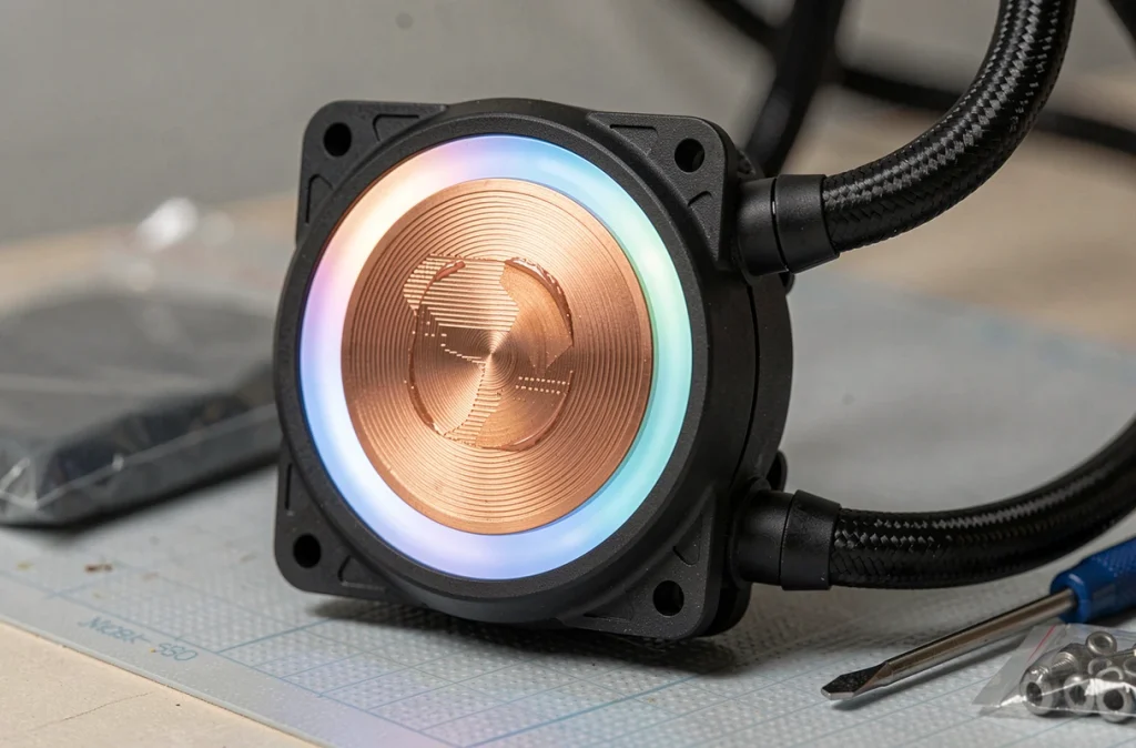 Gros plan sur la tête de pompe et la plaque froide en cuivre du ARCTIC Liquid Freezer III Pro 360 RGB avec pasta thermique appliquée