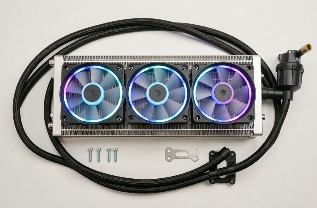 Vue de dessus du radiateur 360mm et des trois ventilateurs ARGB de l'ARCTIC Liquid Freezer III Pro 360 RGB posés sur une surface blanche