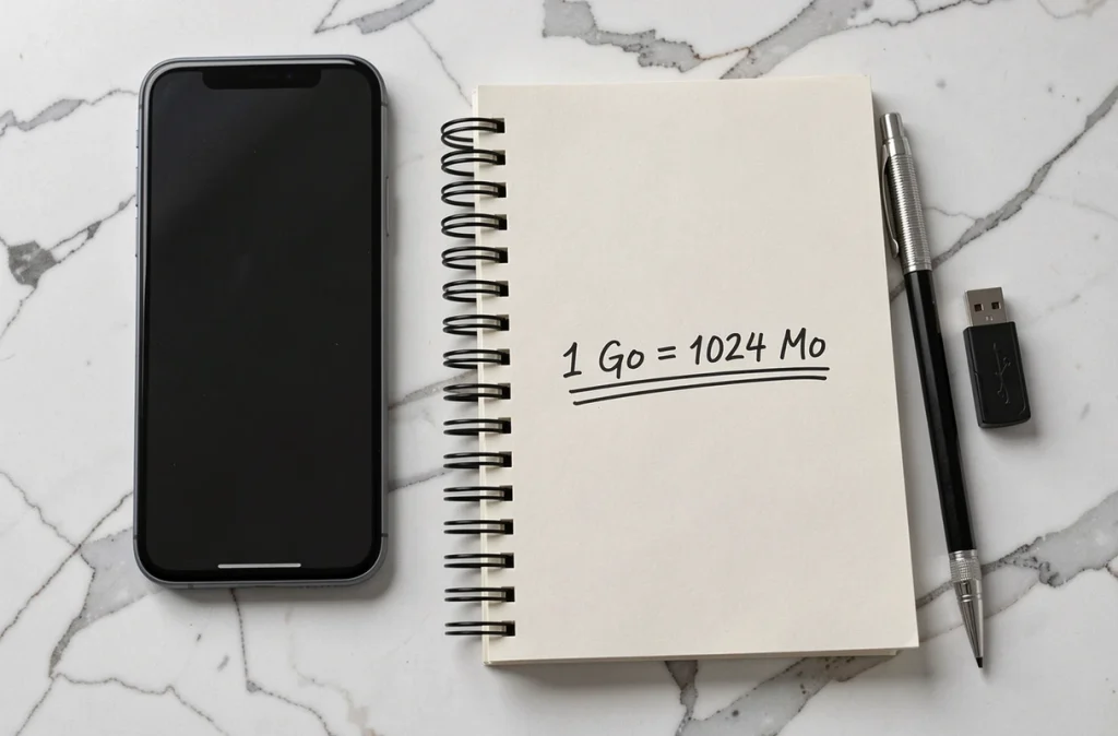 Bloc-notes avec équation gigaoctet mégaoctet écrite à la main posé à côté d'un smartphone sur bureau en marbre