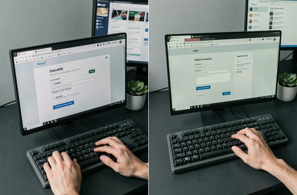 Vue aérienne d'un bureau montrant un service d'email jetable ouvert sur un navigateur, illustrant les pratiques d'anonymat et les risques de fraude en ligne