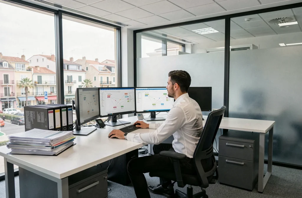Bureau professionnel de CDI Informatique Toulon avec technicien et postes de travail multi-écrans