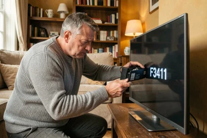Homme examinant un décodeur TV Bouygues affichant le code erreur F3411 dans un salon français