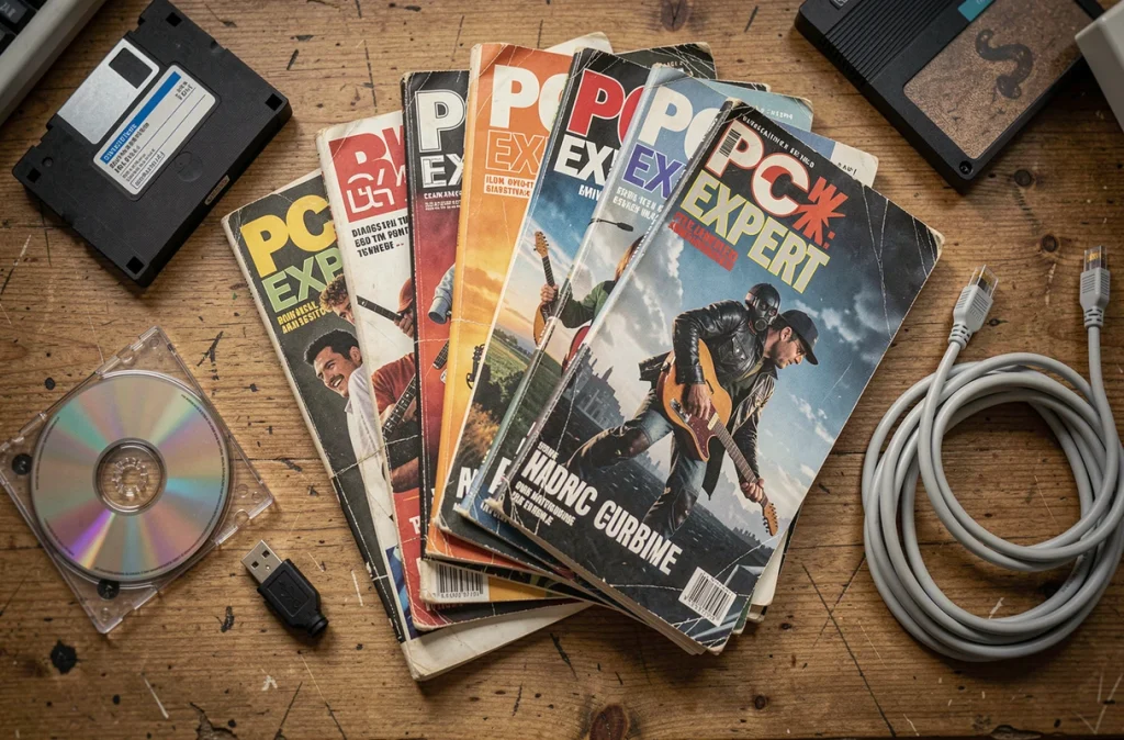 Collection de magazines PC Expert de différentes décennies posés sur un bureau avec des supports de stockage informatique vintage comme des disquettes et des CD-ROM