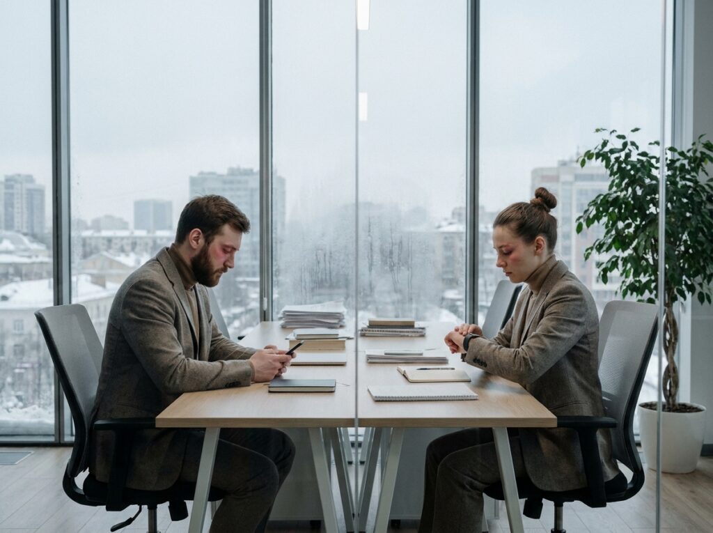 Deux collègues de bureau en hiver utilisant smartphone et montre connectée, fatigue oculaire numérique en milieu professionnel hivernal