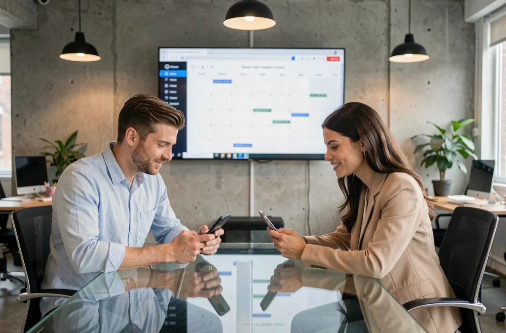Deux collègues consultant leurs smartphones et un écran partagé pour synchroniser un calendrier professionnel en espace de coworking