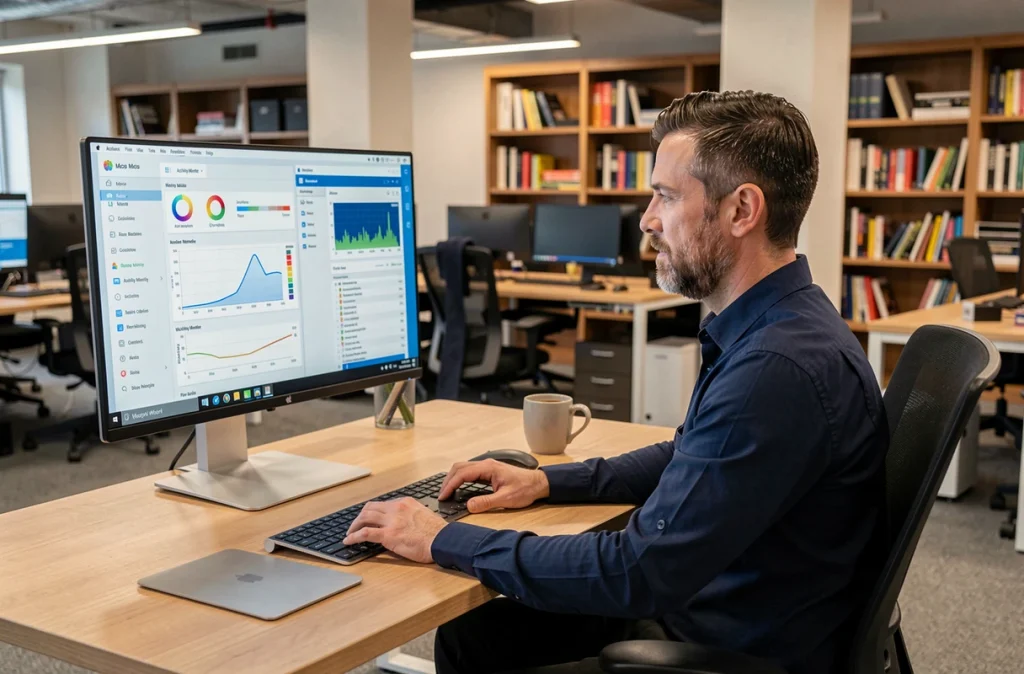 Homme comparant le Gestionnaire de tâches Mac et un équivalent macOS sur un grand écran dans un bureau professionnel moderne