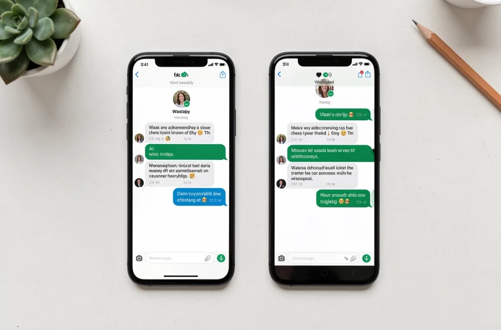 Comparaison côte à côte d'un iPhone et d'un Android affichant un message surligné sur WhatsApp