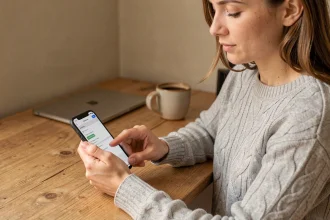 Femme configurant sa messagerie Webmail Amiens sur smartphone depuis son bureau à domicile