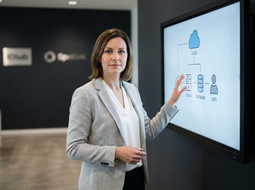 Consultante IT présentant un schéma d'architecture simplifié sur écran tactile, illustrant la nouvelle approche de Septeo IT Solutions pour réduire la complexité des outils