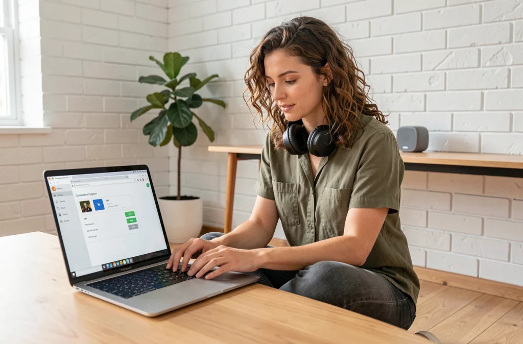 Jeune femme convertissant des fichiers audio YouTube en format WAV sur son ordinateur portable dans un appartement moderne