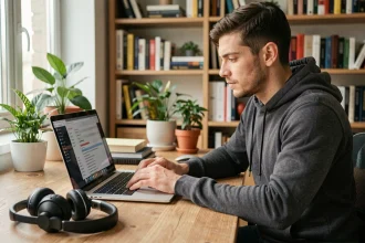 Jeune homme travaillant sur les métadonnées de fichiers MP3 sur un ordinateur portable dans un bureau à domicile moderne