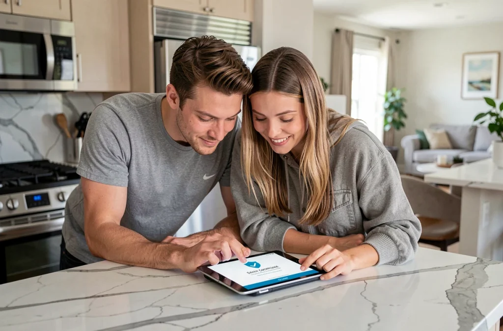 Couple vérifiant la confirmation d'un achat sécurisé sur tablette avec protection des données bancaires en ligne