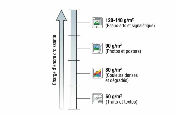 Bobine papier traceur grand format adaptée à l’impression grand format selon la charge d’encre: 60 g/m² pour traits et textes, 80 g/m² pour couleurs et dégradés, 90 g/m² pour photos et posters, 120–140 g/m² pour beaux-arts et signalétique.