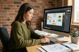 Designer travaillant sur la transparence d'un fichier GIF dans un logiciel de création graphique sur ordinateur