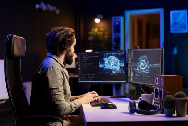 Developer using computer to update AI machine learning algorithm