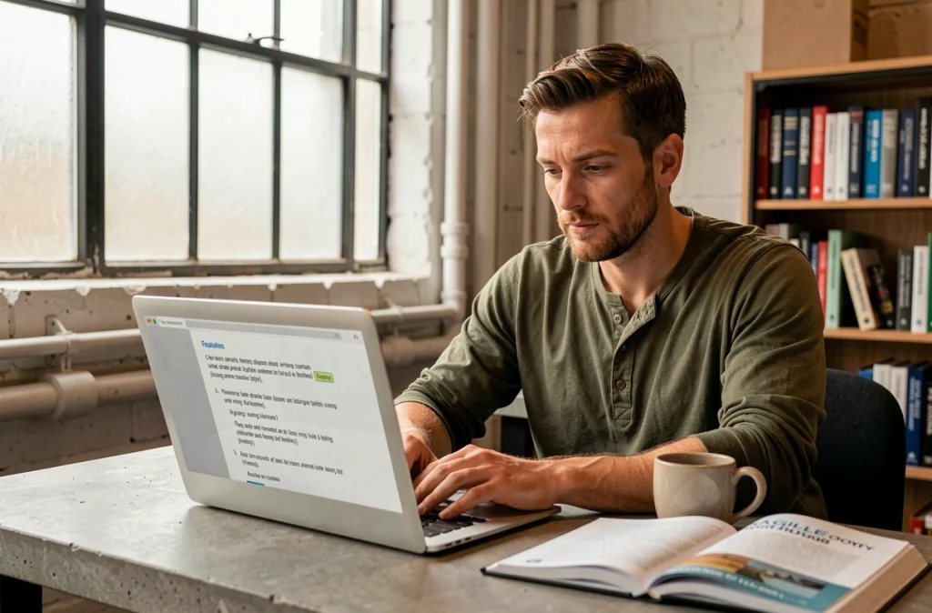 Développeur seul dans un espace de coworking industriel rédigeant des modèles de phrases en anglais pour spécifications de features agiles
