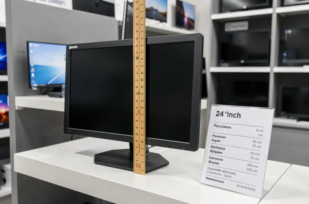 Écran 24 pouces en magasin avec règle et fiche technique montrant les dimensions physiques réelles