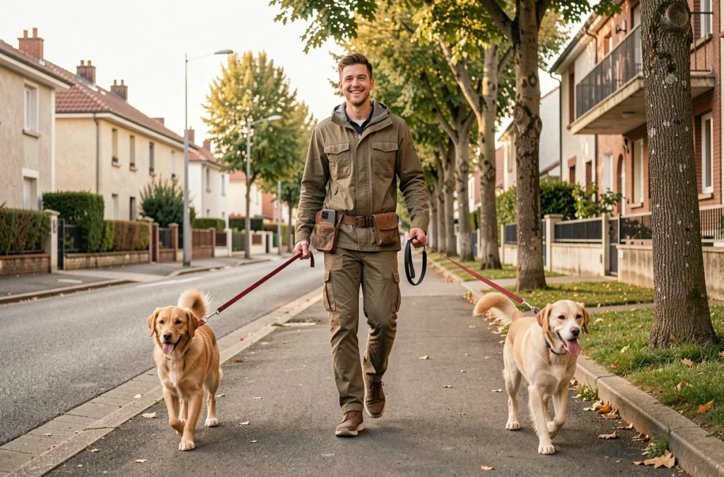 Promeneur de chiens Dog Walking LLC marchant avec trois chiens dans une rue suburbaine française