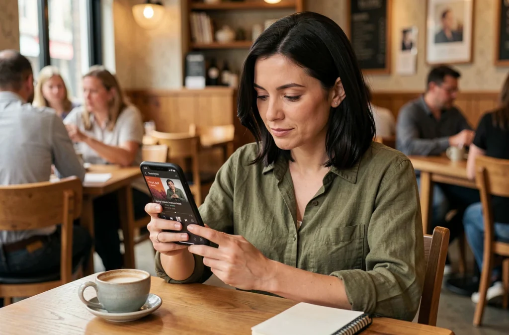 Femme consultant les métadonnées d'un fichier MP3 sur son smartphone dans un café
