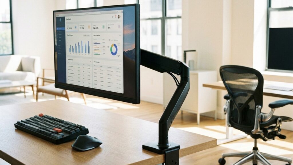 Écran bureautique sur bras articulé dans un bureau professionnel