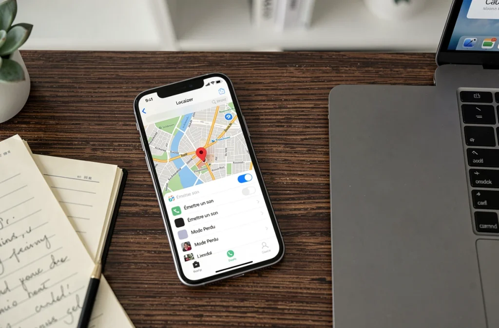 Écran iPhone affichant l'application Apple Localiser avec une carte et un repère de position pour retrouver un appareil volé