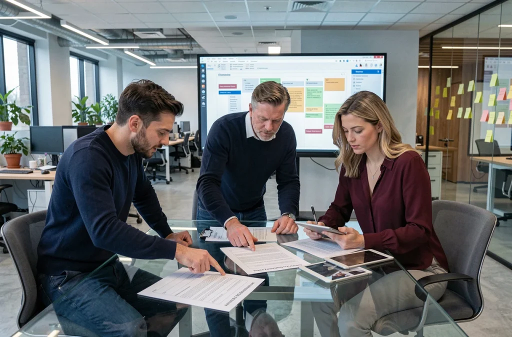 Équipe de développement agile en réunion analysant des modèles de phrases pour user stories et features sur documents imprimés