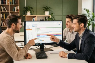Équipe de professionnels collaborant en temps réel sur un document partagé affiché sur grand écran en open space