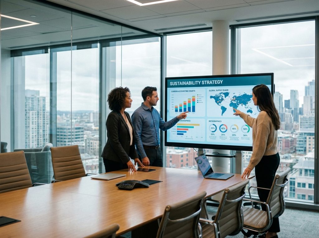Équipe professionnelle discutant des tableaux de bord de comptabilité carbone lors d'une réunion de stratégie environnementale