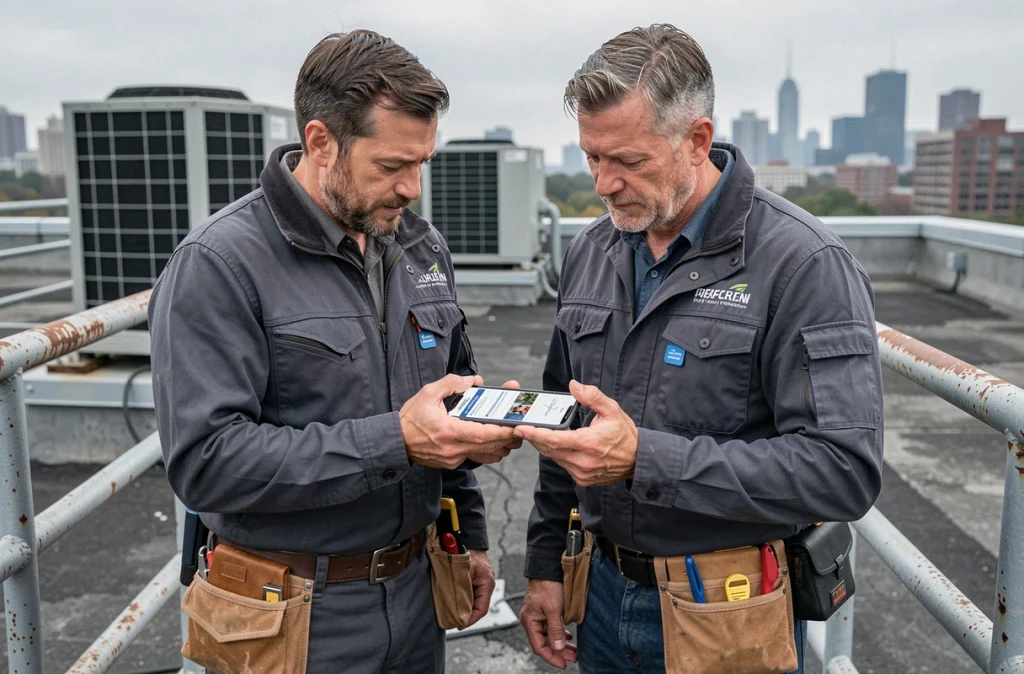 Deux agents terrain collaborant sur smartphone pour remplir un rapport d'intervention mobile sur un toit technique