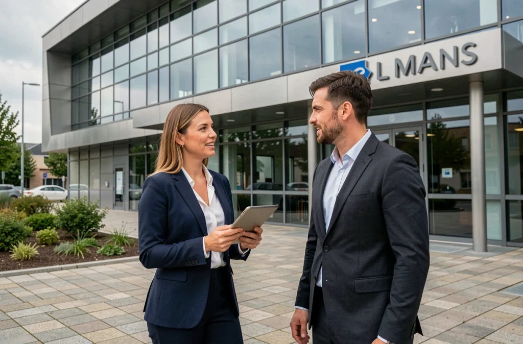Consultante d'une entreprise de services numériques en Pays de la Loire devant les locaux d'une ESN au Mans