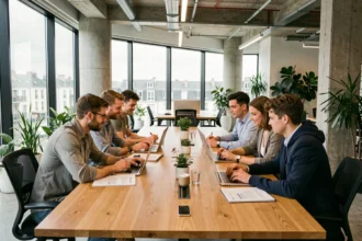 Équipe de consultants d'une ESN en Pays de la Loire collaborant autour d'une table dans un open space moderne à Nantes