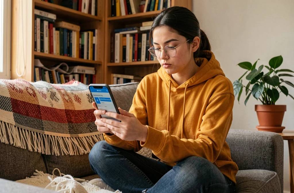 Étudiante configurant son compte Webmail Amiens sur téléphone portable dans un salon