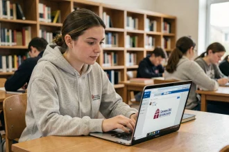 Étudiante accédant à sa messagerie académique Convergence AC sur un ordinateur portable dans une bibliothèque universitaire