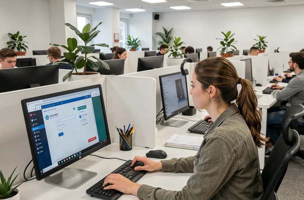 Deux étudiants accédant ensemble à la messagerie académique Convergence dans une salle informatique universitaire