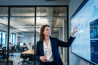 Directrice IT présentant l'architecture d'un système d'information en croissance dans une salle de réunion moderne