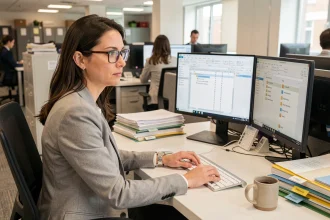 Femme travaillant sur un logiciel d'archivage automatisé de documents dans un bureau moderne