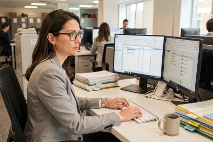 Femme travaillant sur un logiciel d'archivage automatisé de documents dans un bureau moderne