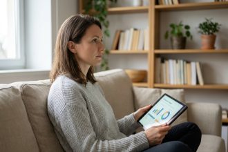 Femme comparant des tablettes tactiles dans un salon confortable pour choisir le meilleur modèle selon ses besoins