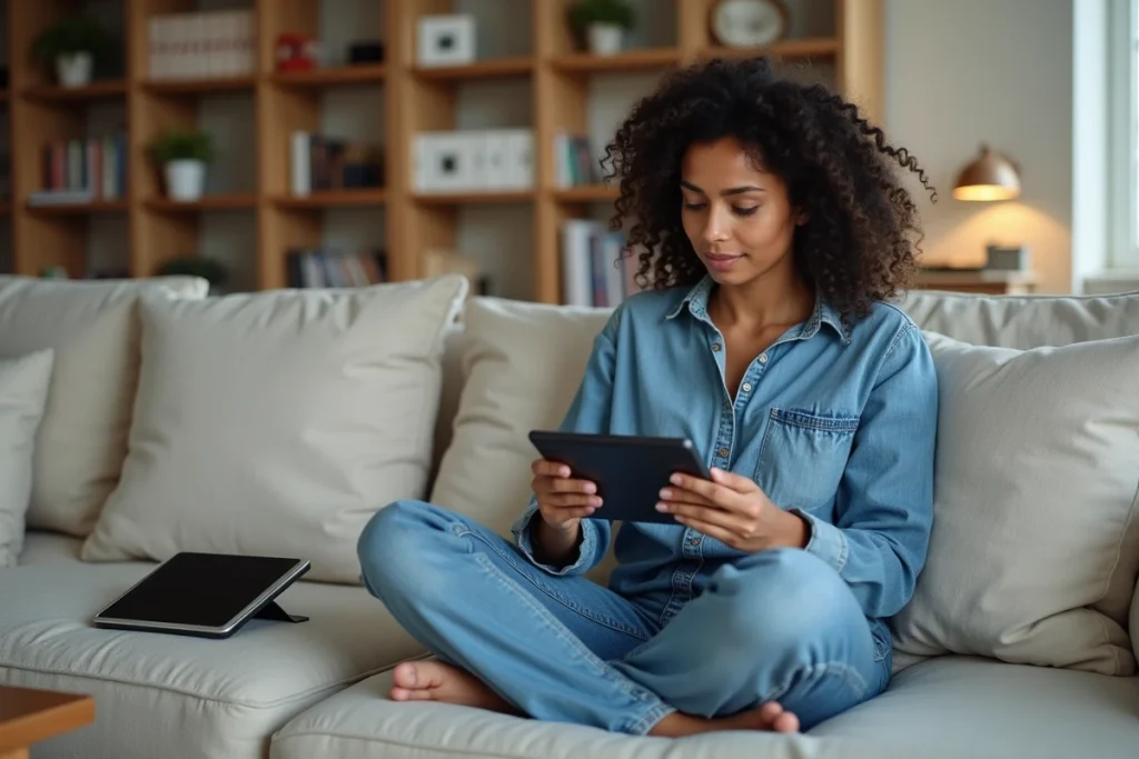 Femme utilisant une console portable rétro et consultant une bibliothèque de ROMs sur tablette dans un salon moderne