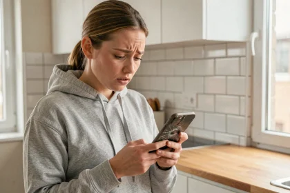 Femme tenant un iPhone avec écran cassé dans une cuisine moderne, regardant les dégâts d'un air inquiet