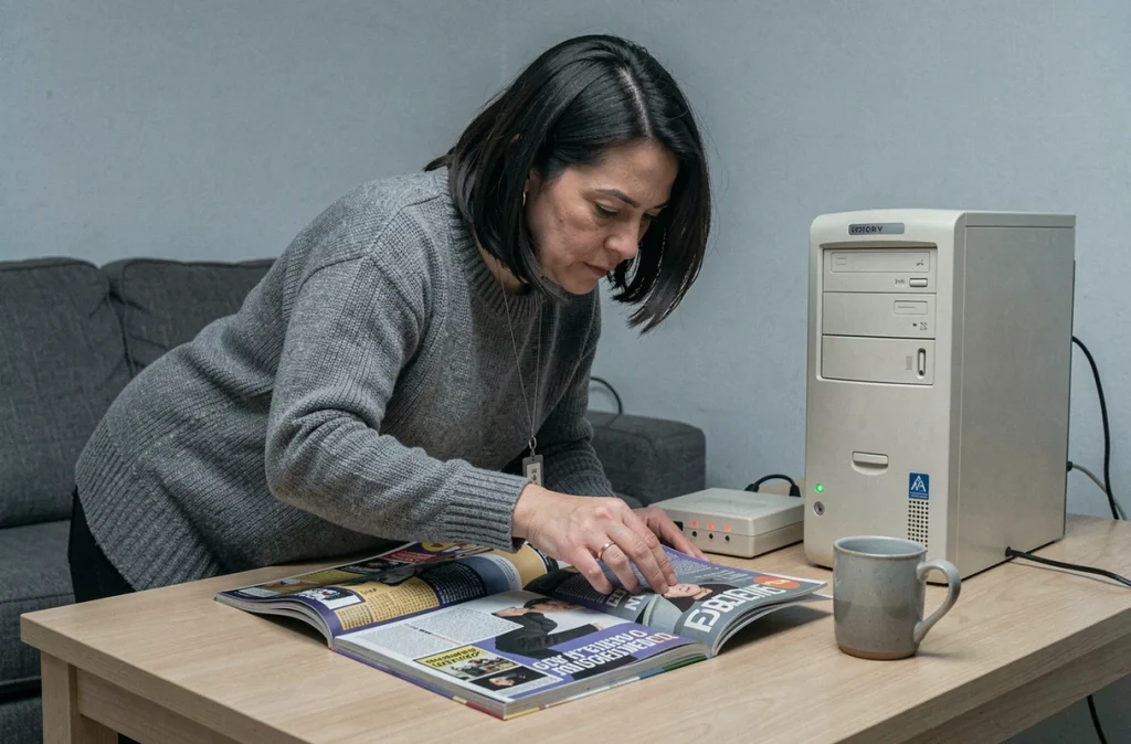 Femme feuilletant un magazine informatique des années 2000 près d'un modem dial-up et d'un PC de bureau vintage