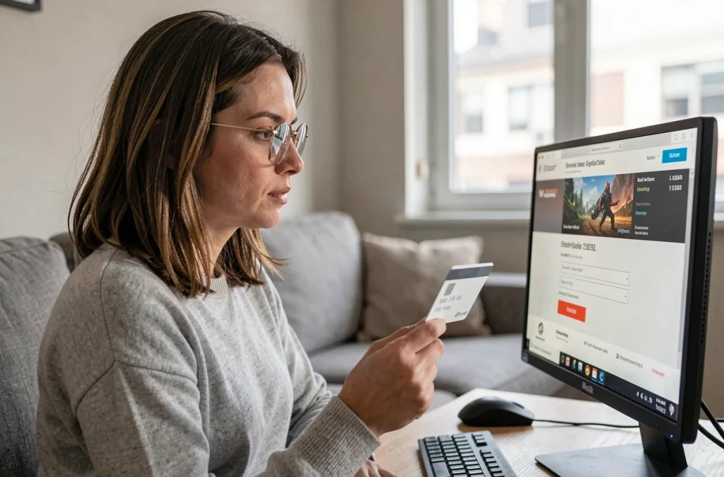 Femme tenant une carte bancaire devant un écran d'ordinateur lors d'un achat sur une plateforme de jeux vidéo en ligne