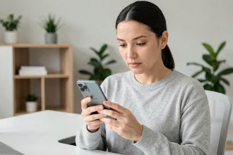 Femme tenant un Samsung Galaxy A05s et consultant sa fiche technique dans un bureau minimaliste