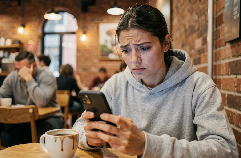 Femme méfiante consultant son smartphone dans un café, symbolisant la prudence face aux arnaques par email temporaire et à la fraude en ligne